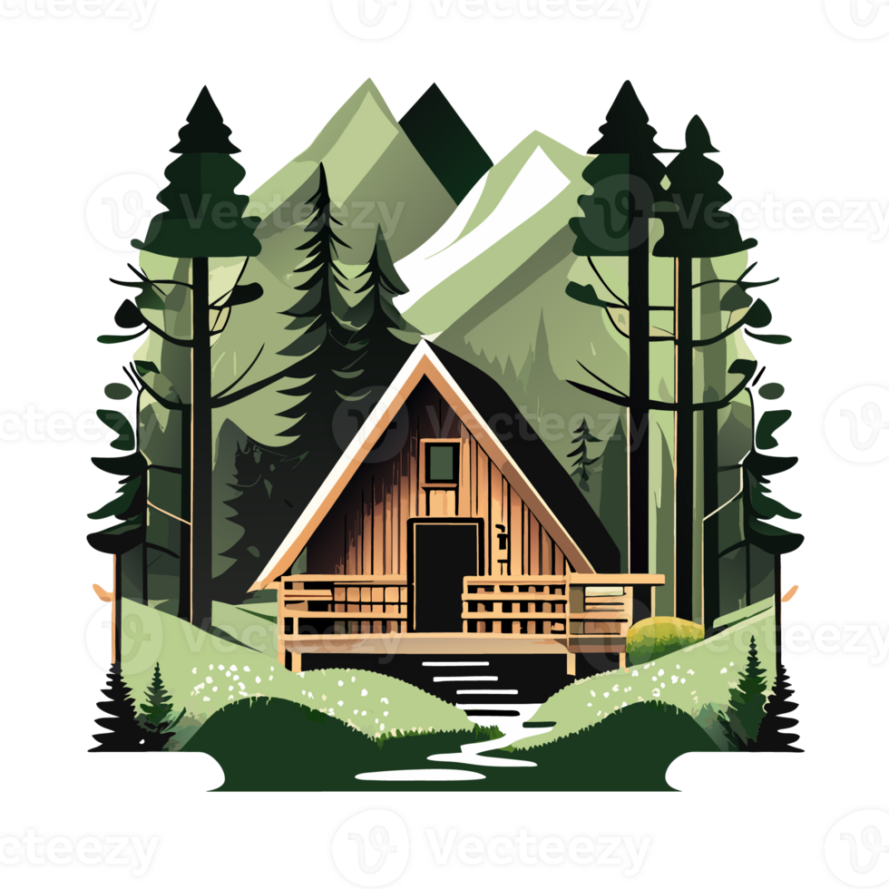 wooden cabin and mountain. Print design for t shirt png