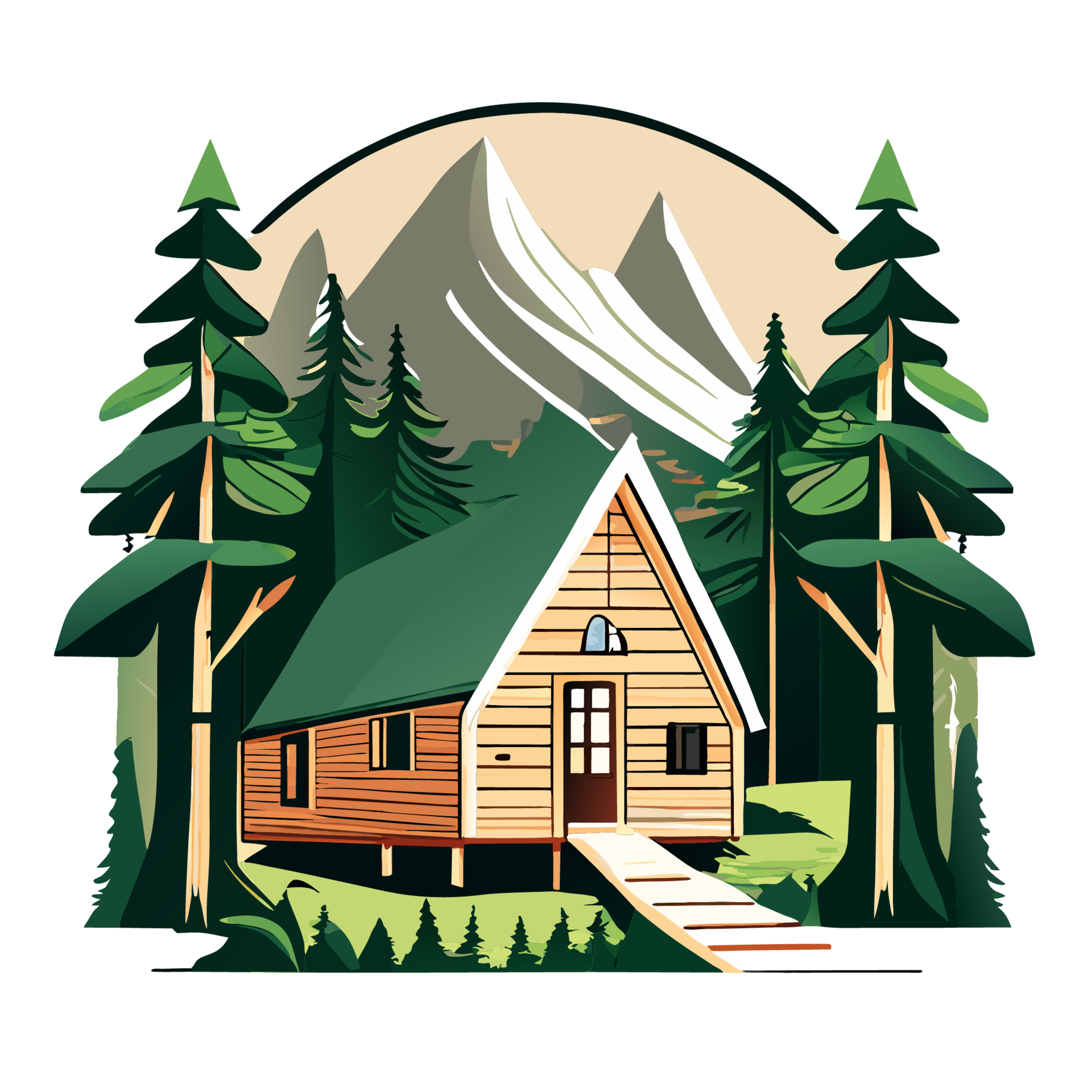 wooden cabin and mountain. Print design for t shirt generative ai