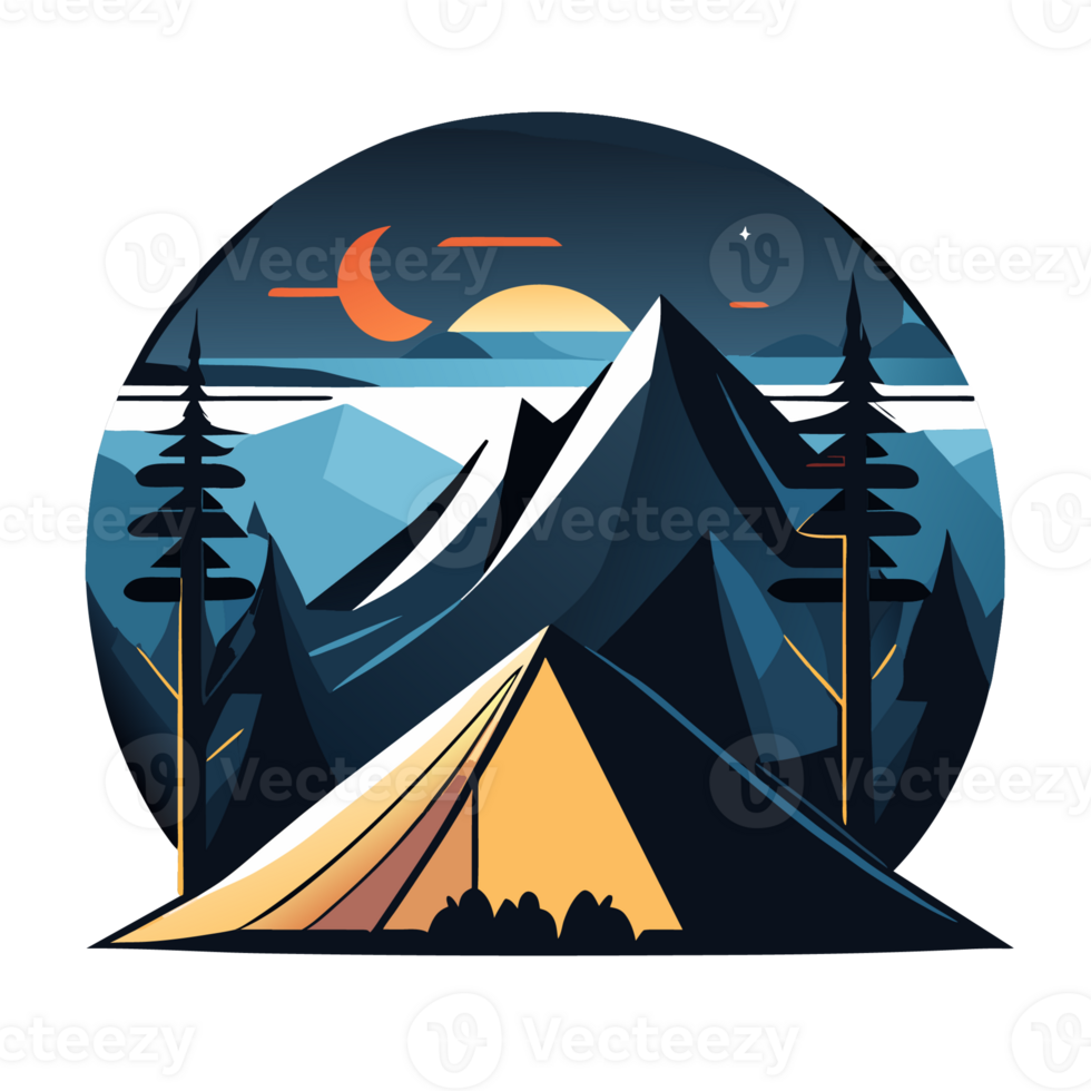 Mountain Camp. Tourist Tent and Bonfire on the Shore at Night. flat design. print design for t shirt. png