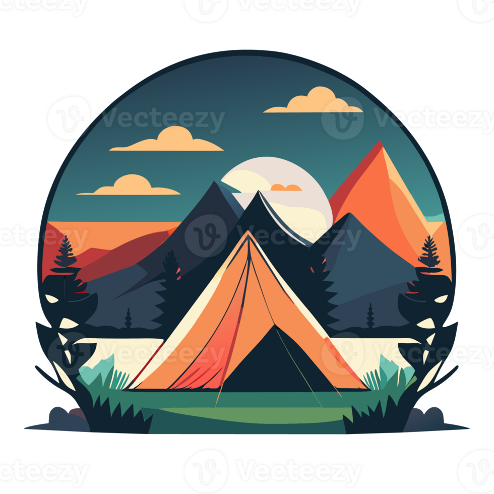 Mountain Camp. Tourist Tent and Bonfire on the Shore at Night. flat design. print design for t shirt. png