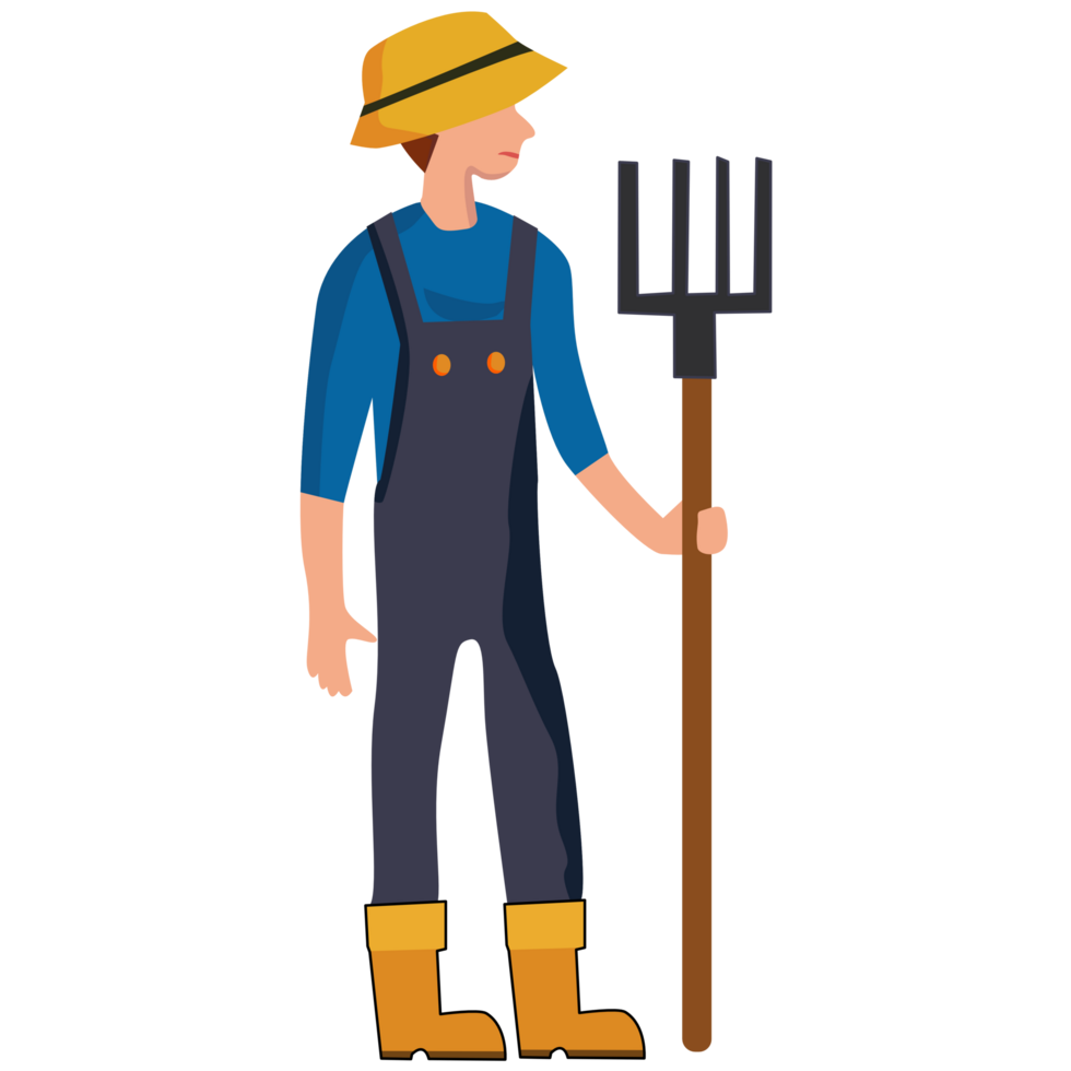 Cartoon young farmer in straw hat and holding rake png