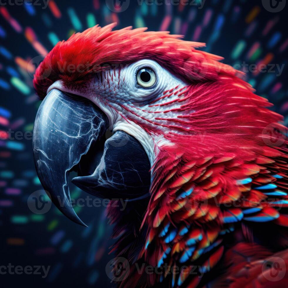 red and yellow macaw look at camera with photo