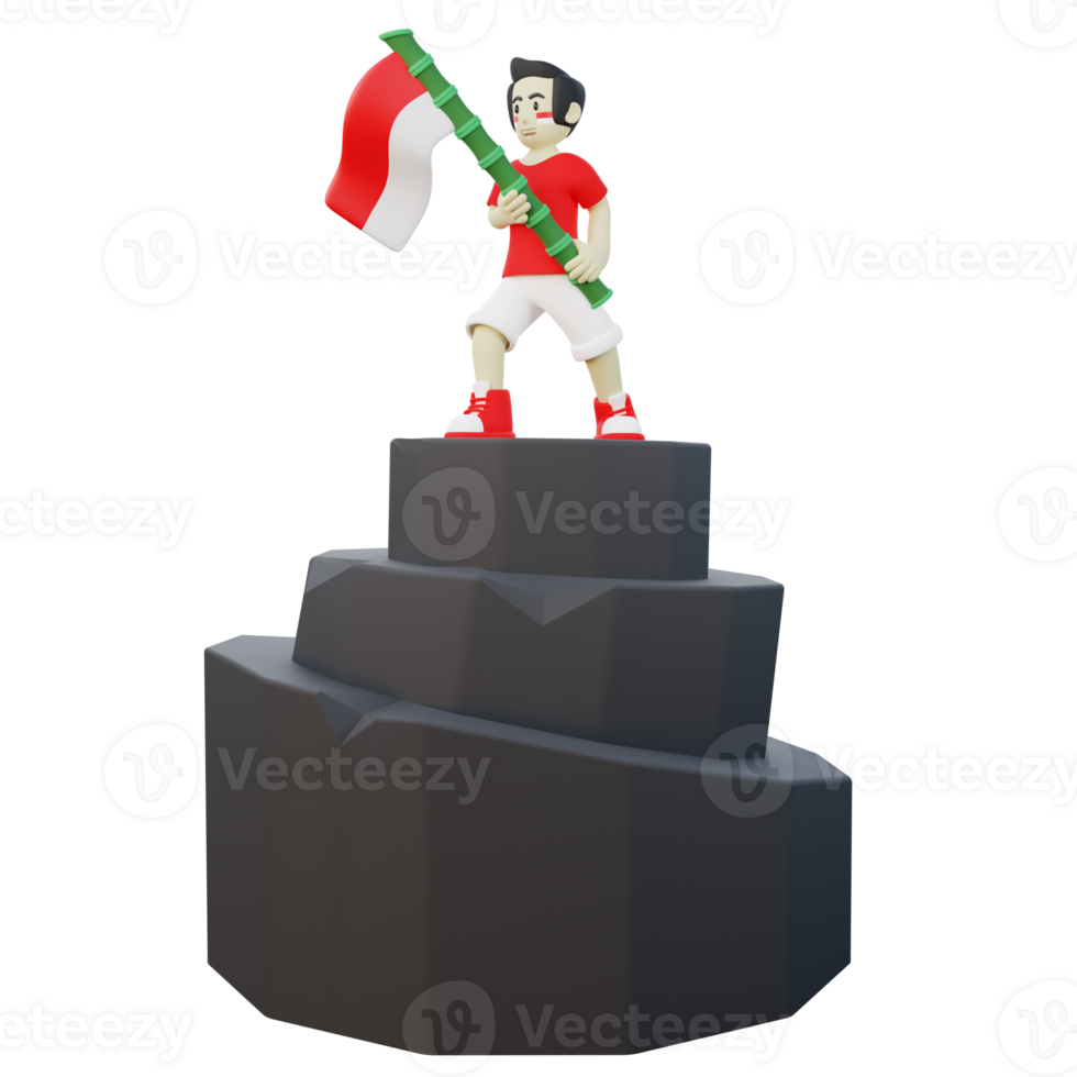 3d Illustration of Indonesian Guy Holding Indonesia Flag on Top of A Mountain png