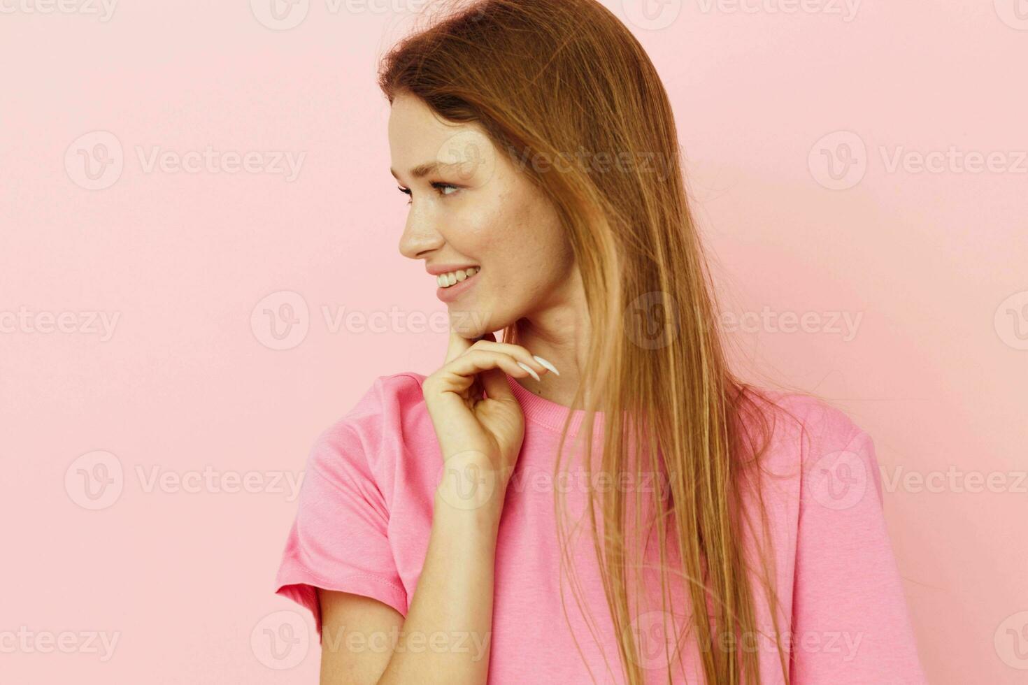 beautiful woman long hairstyle in pink t-shirts Lifestyle unaltered photo