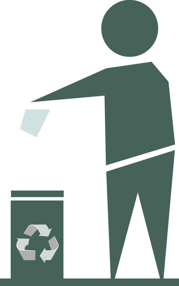 Flat green illustration of man using trash bin. vector