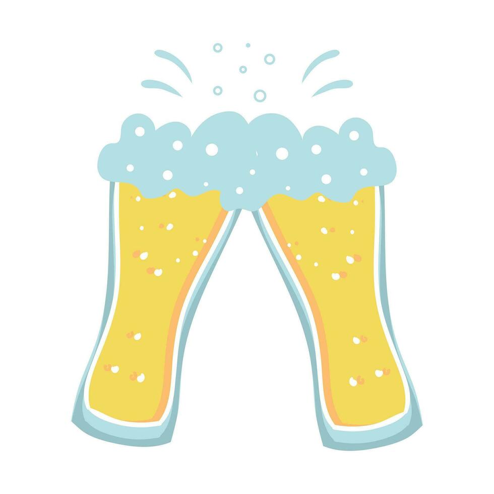 Two glasses of fresh foamy beer. Design for bar, menu, cafe. vector