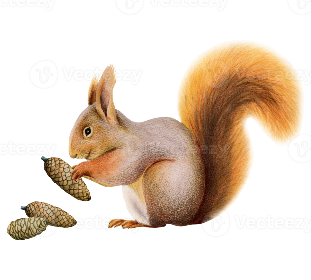Cute furry orange squirrel holding pine cone watercolor illustration for woodland forest designs png