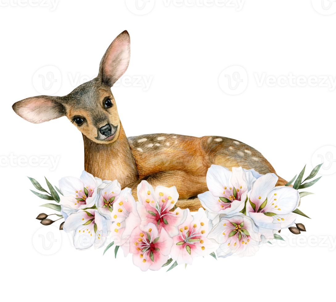 Watercolor young baby deer in pink white flowers wreath illustration. Hand drawn animal clipart for cards, stickers, invitations png