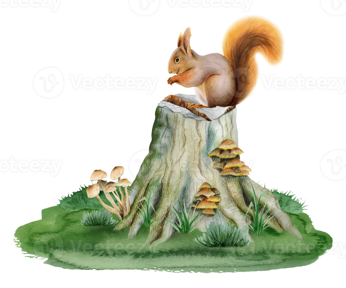 Eichhörnchen Sitzung auf Baum Stumpf mit Pilze auf Grün Gras Aquarell Wald Wald Szene Illustration zum Kinder Zimmer Designs png
