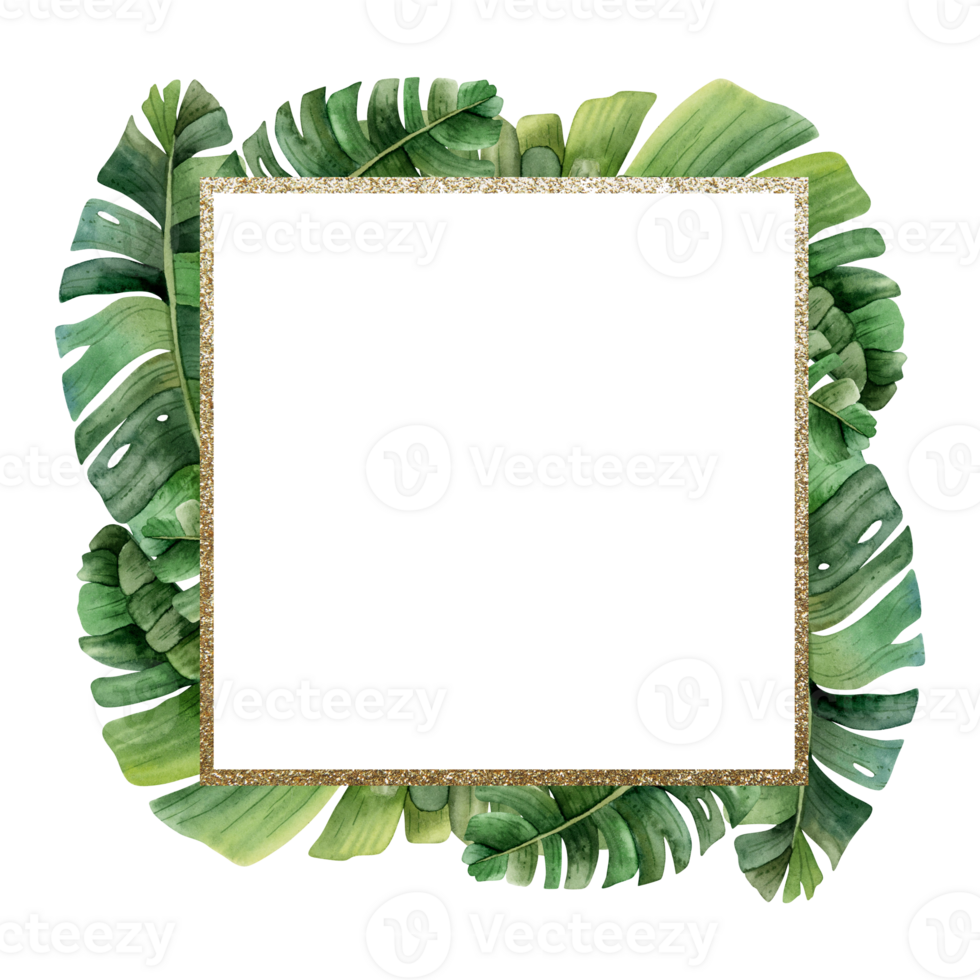 Platz tropisch Palme Blätter Gold Rahmen Aquarell Illustration zum Etiketten, danken Sie Aufkleber, Verkauf Gutscheine oder Sommer- Hochzeit Einladung png