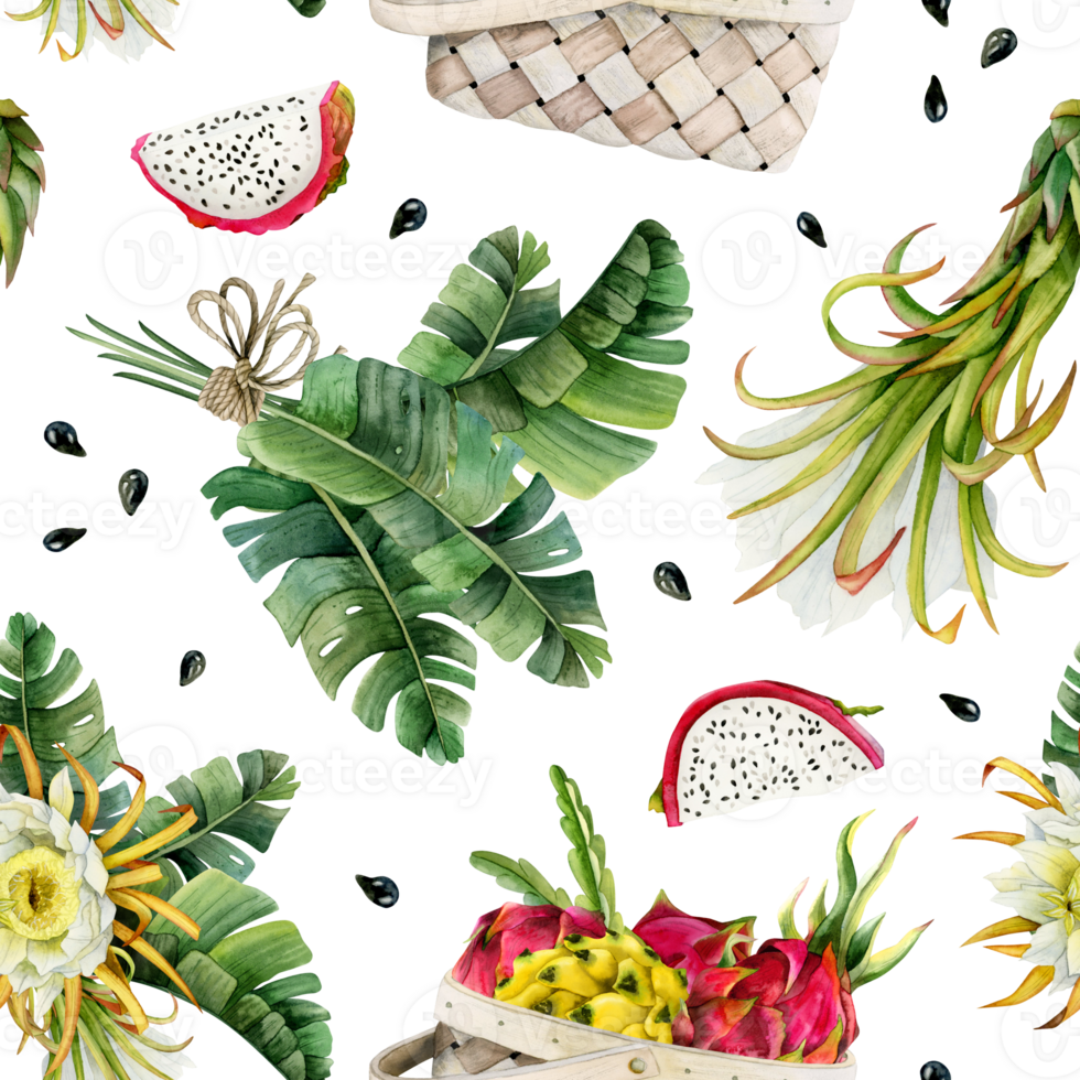 Pitaya dragon fruits harvest in basket, flowers and slices with tropical leaves bouquet seamless pattern. Hand drawn illustration for summer menus, fabrics, exotic designs png