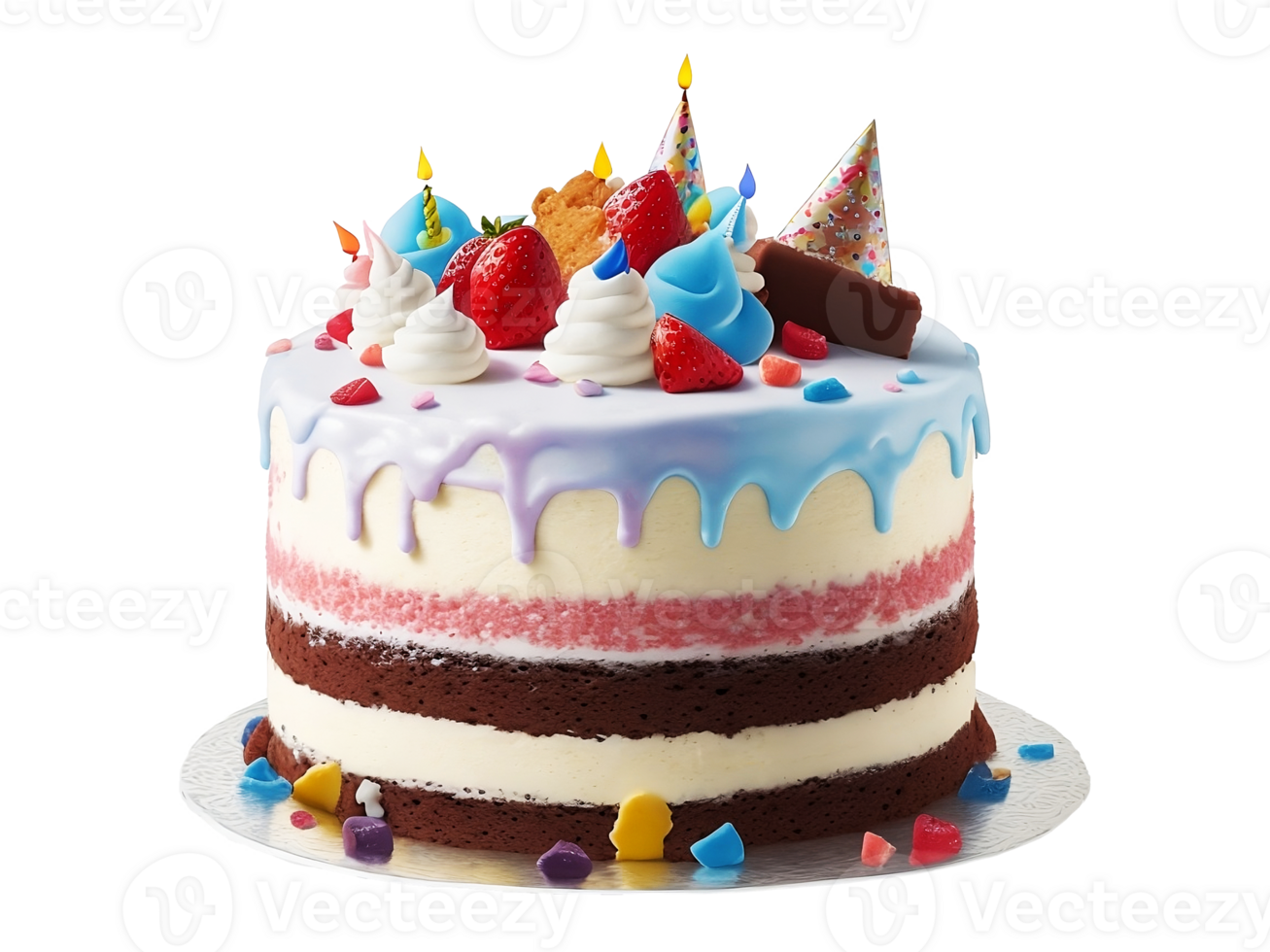 Sweet birthday cake decorated with fruits and cream filled with strawberries and chocolate, , element, Generate AI Design png