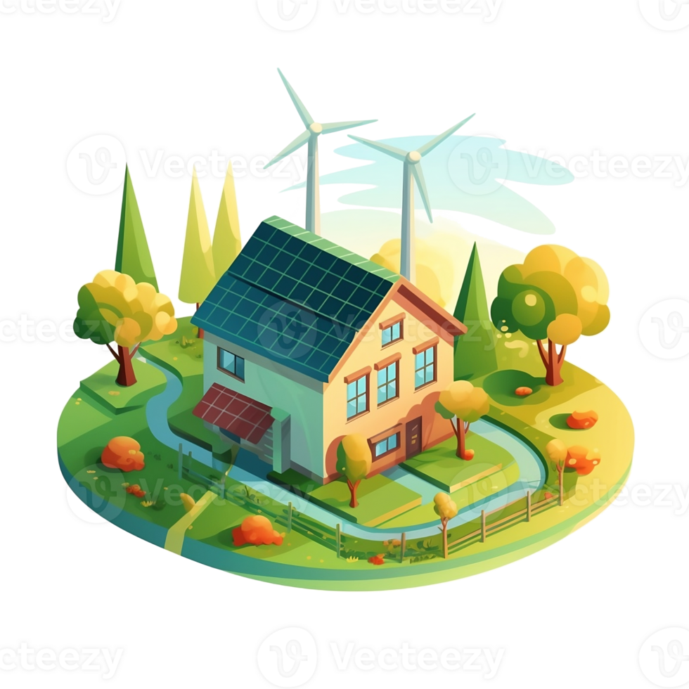 Green eco friendly house concept with solar energy panel and wind turbine. png