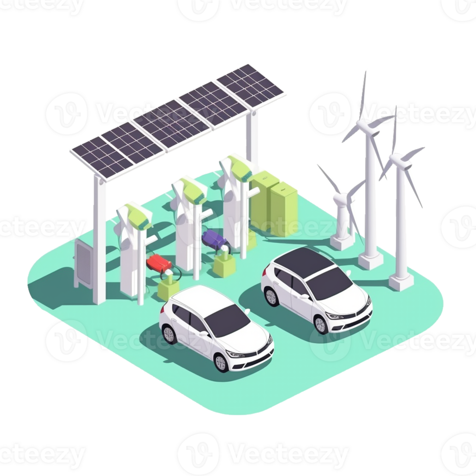 Electric car charging station, Wind turbines and solar panels.  Eco friendly technology, environment preservation concept. Ai Generated png