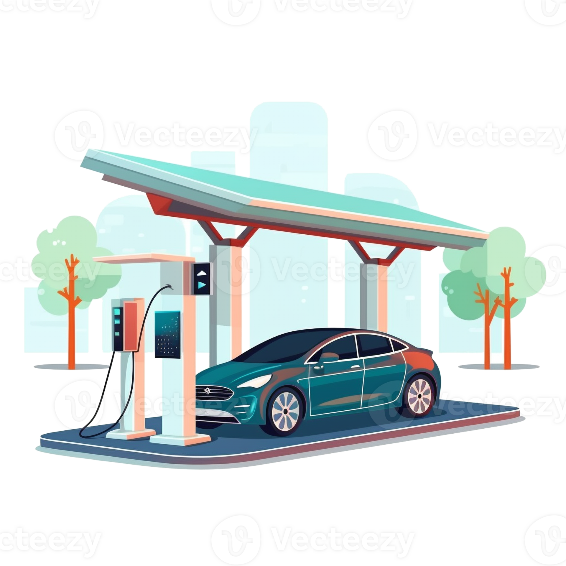 Electric car charging station concept illustration for green