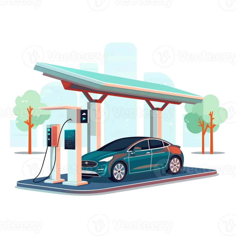 eléctrico coche cargando estación concepto ilustración para verde ambiente, ecología, sostenibilidad, limpiar aire, futuro. ai generar. png