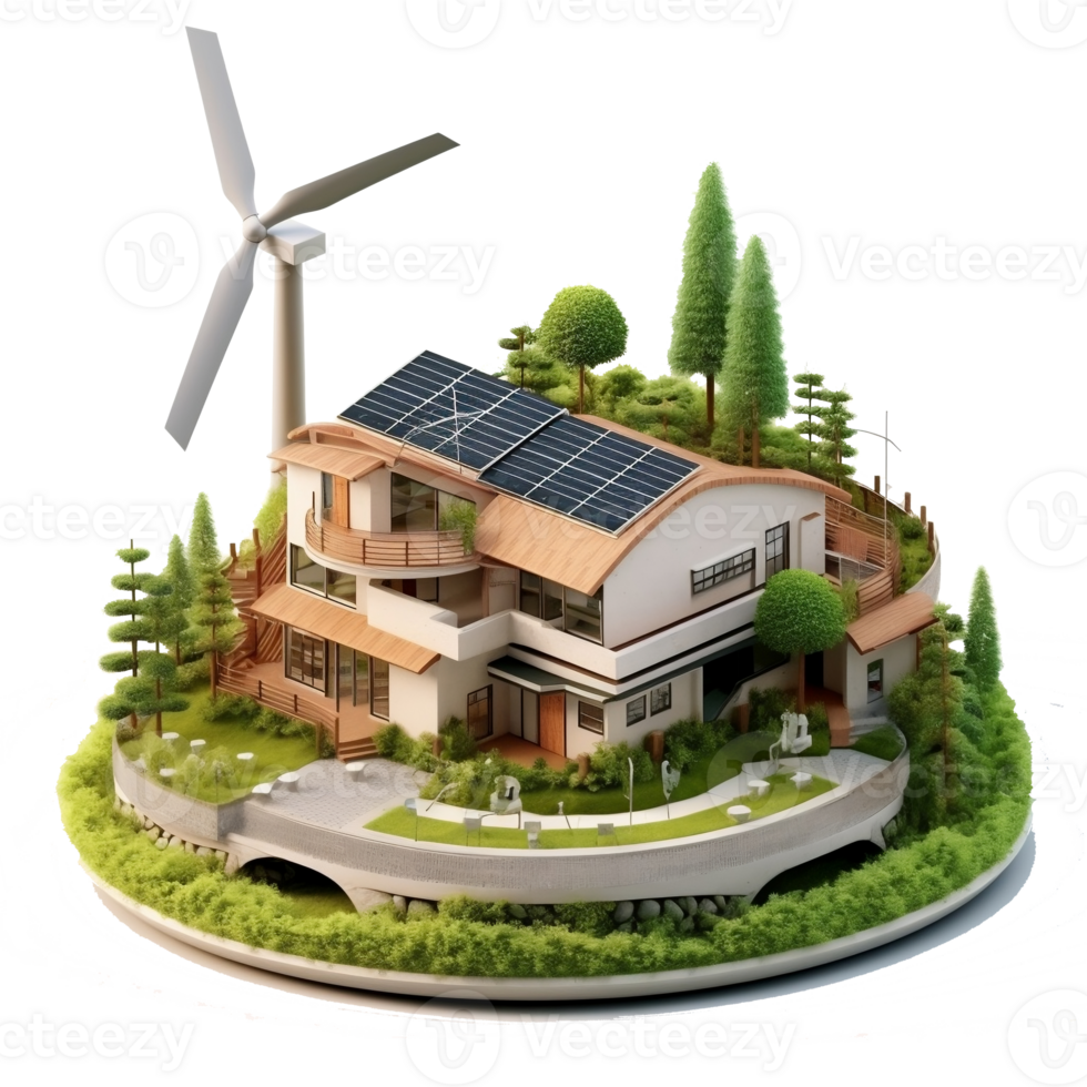 Green eco friendly house concept with solar energy panel and wind turbine. png