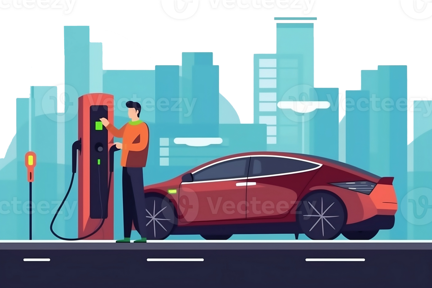 Man with electric car on charging station. png