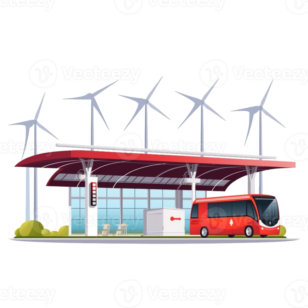 électrique voiture mise en charge gare, vent turbines et solaire panneaux. éco amical technologie, environnement préservation concept. ai généré png