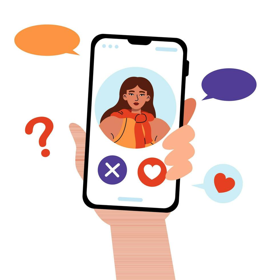 Dating app concept. A human hand holding a smartphone and choosing whether to like or dislike this girl. Flat vector illustration.