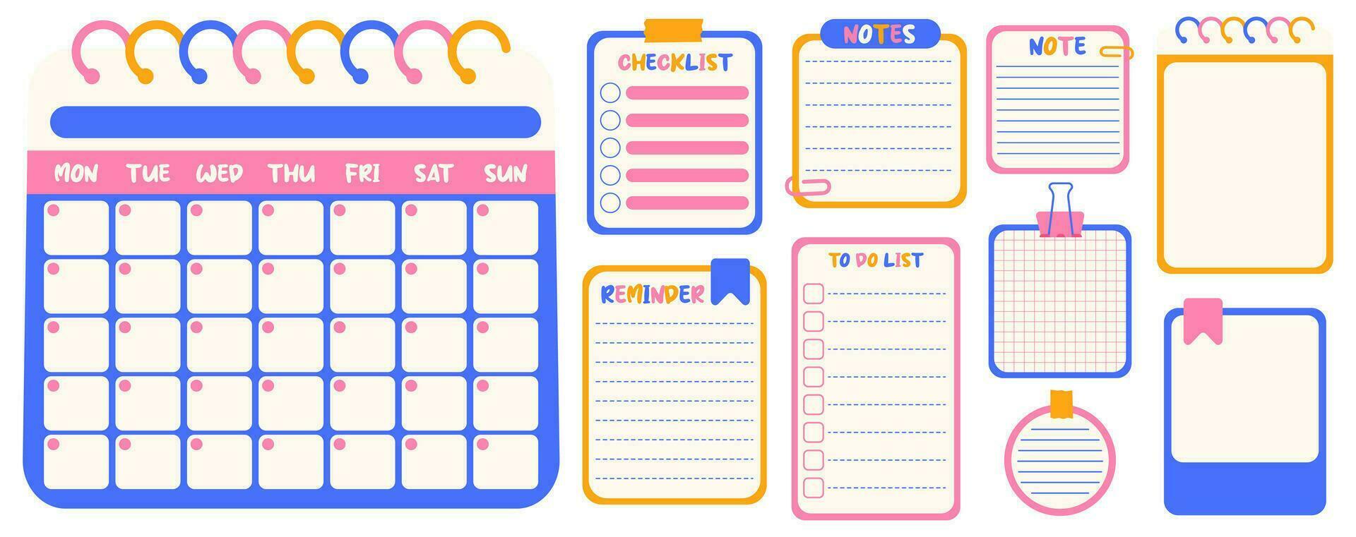 Kawaii calendar, to-do list, checklist, reminder and notes for organizer. Set of blank paper notes template or cute stickers for planner. vector