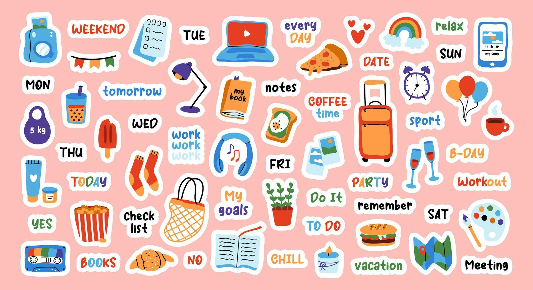 Big sticker set for weekly planner. Cute hand drawn pictures and phrases for diary decorating. Flat vector illustration.