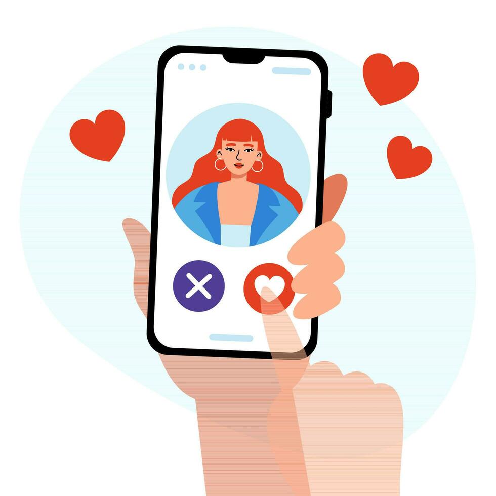 Dating app concept. A human hand holding a smartphone and choosing whether to like or dislike this girl. Flat vector illustration.