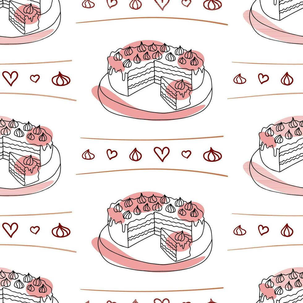 Seamless pattern with colorful dessert. Doodle hand drawn cake with pink spots and red hearts in a seamless pattern on a white background vector