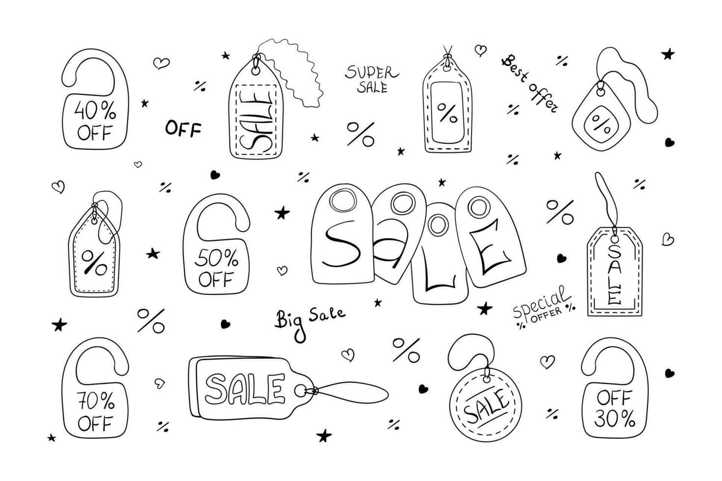 Set of various hand drawn doodle price tags, percent discount, special offer, shopping discount label, promotional sale badge, composition of four price tags with letters, lettering SALE. vector