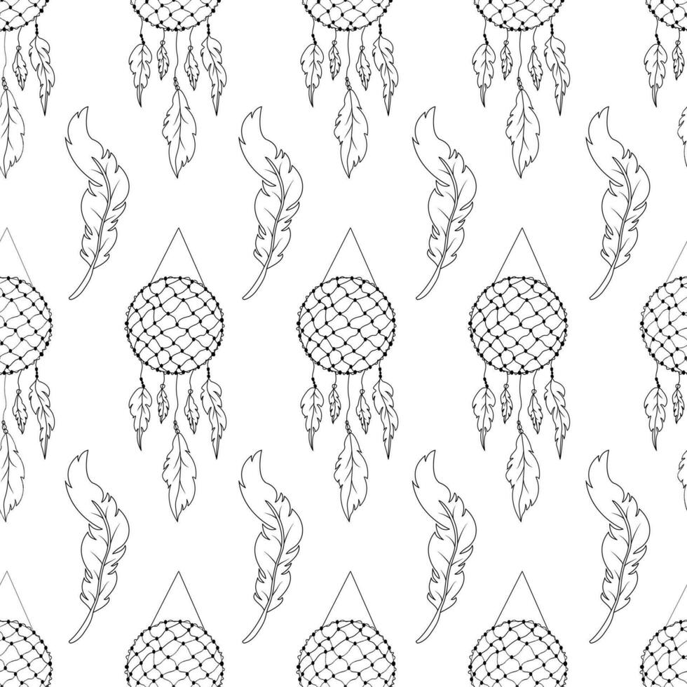 Seamless pattern with hand drawn dreamcatcher with fishing net, threads, beads and feathers in boho style. vector