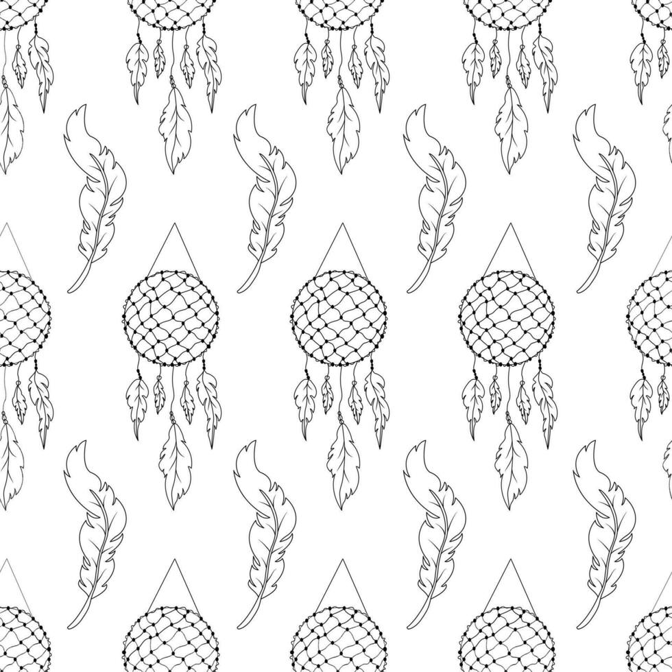 Seamless pattern with hand drawn dreamcatcher with fishing net, threads, beads and feathers in boho style. vector