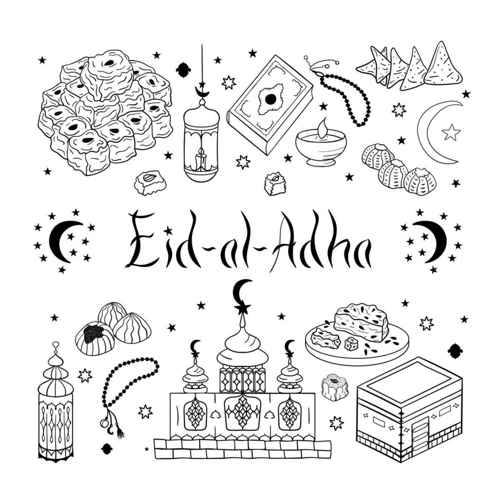 Set of islamic holy day clipart. Hand drawn doodle symbols of Islam, Eid al Adha, Kaaba, Mosque, oil lamp, traditional food, lettering. Isolated on white background. vector