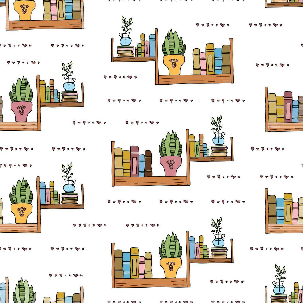 Colorful seamless pattern with hand drawn doodle cute books on a bookshelf in a cozy setting with houseplants and heart shapes. vector