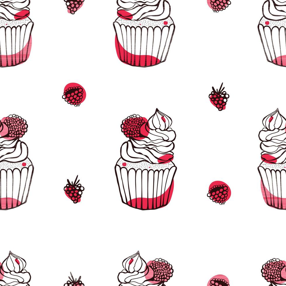 Seamless pattern with raspberry dessert. Doodle hand drawn raspberry cupcake with cream and berries in a seamless pattern on a white background vector