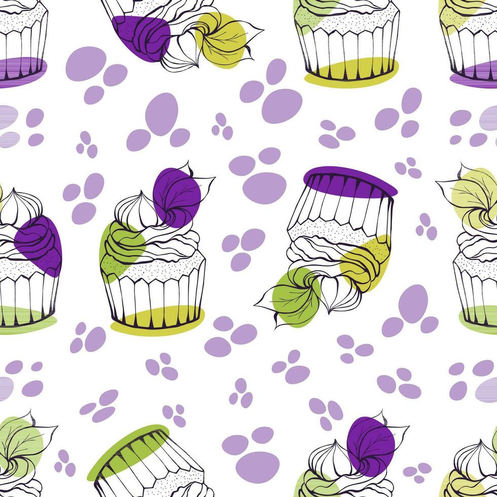 Seamless pattern with colorful dessert. Doodle hand drawn cupcake with green, yellow, purple spots in a seamless pattern on a white background vector