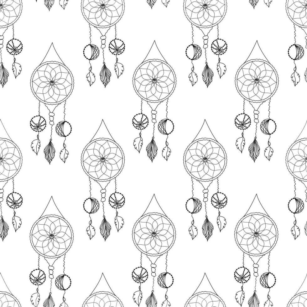 Seamless pattern with hand drawn dreamcatcher with spiderweb, threads, beads and feathers in boho style. Black on white background. vector