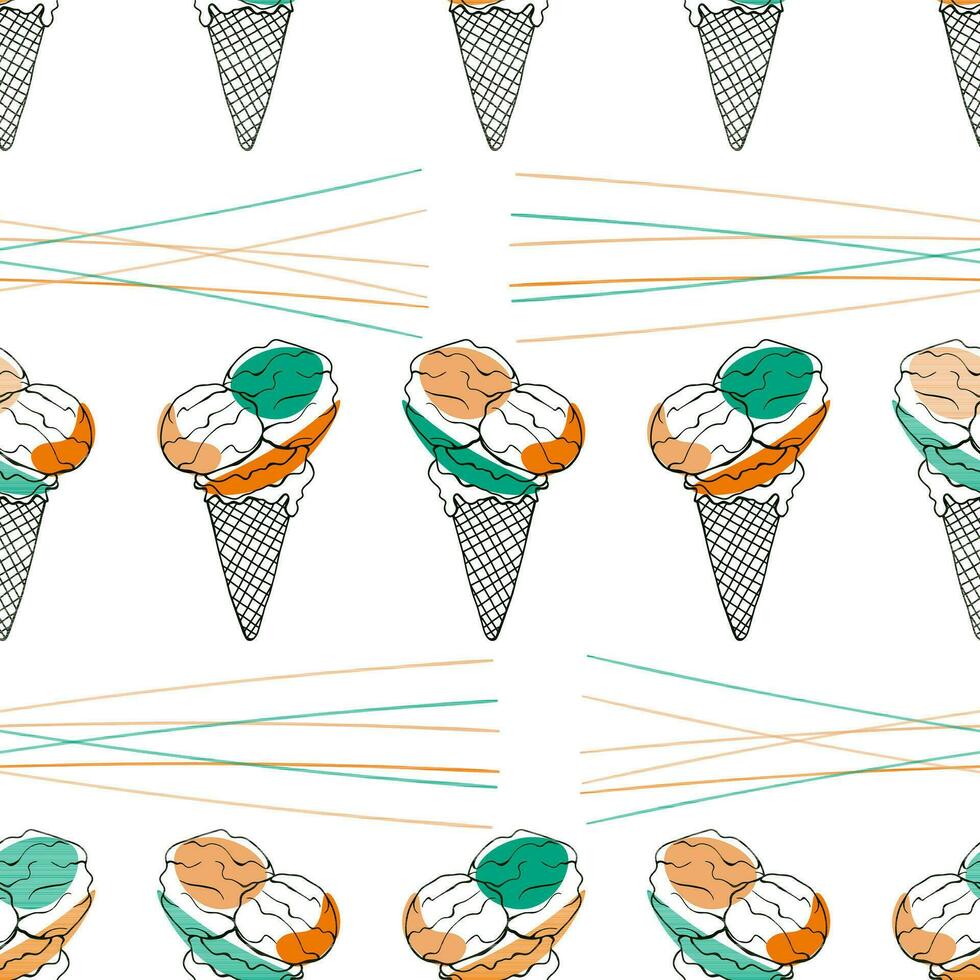 Seamless pattern with colorful dessert.Doodle hand drawn cute ice cream in a cone with orange, mint, cream color balls in a seamless pattern on a white background vector