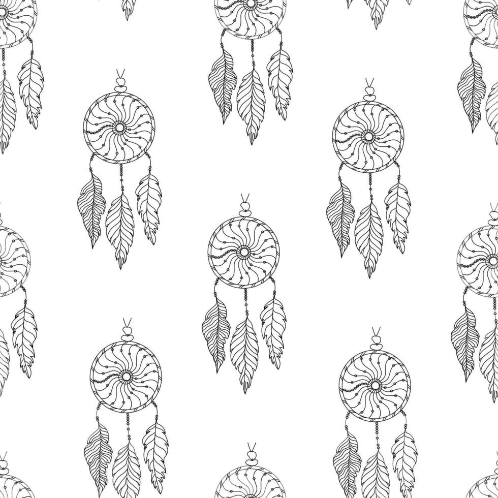 Seamless pattern with hand drawn dreamcatcher with spiderweb, threads, beads and feathers in boho style. Black on white background. vector