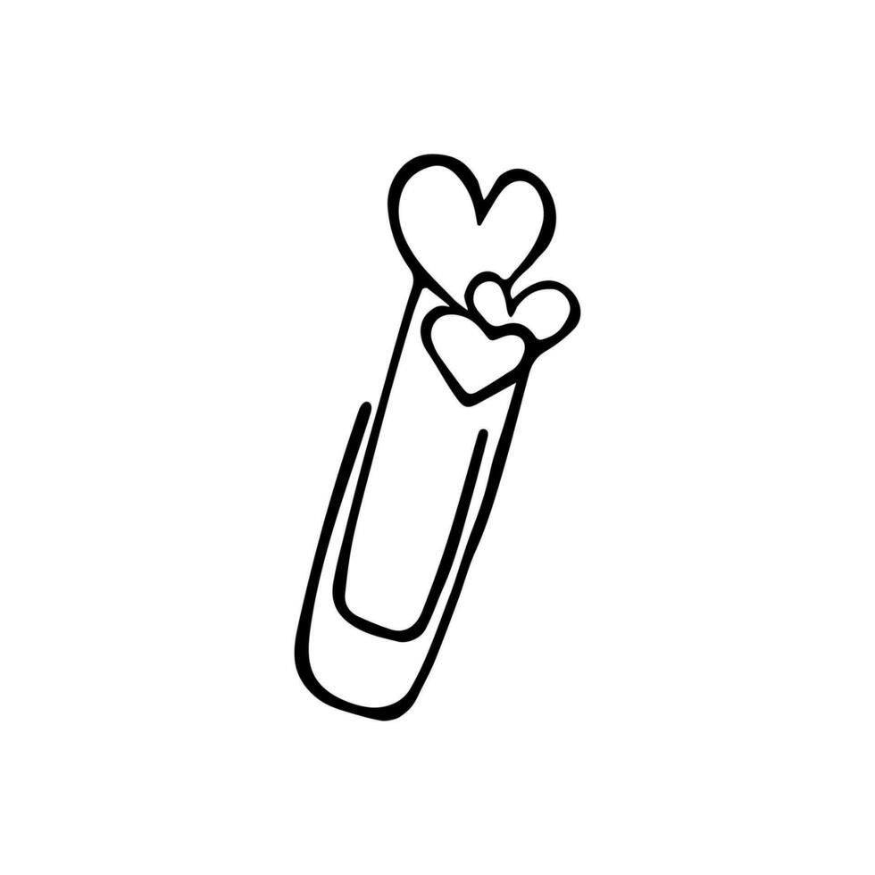 Hand drawn doodle paperclip bookmark with heart shaped decoration. School and  hobby supplies, stationery clipart. Isolated on white background. vector