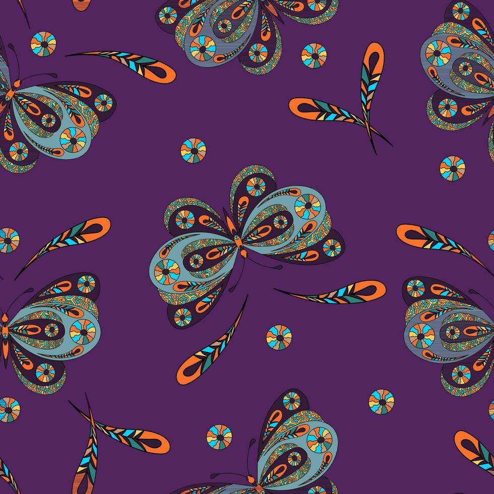 Seamless pattern with hand drawn   butterfly in zentangle style. vector