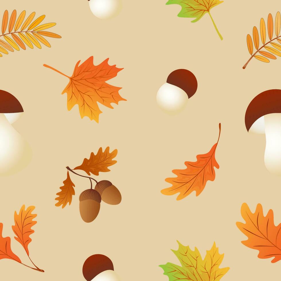 Autumn seamless pattern with maple leaves,acorns,oak leaves,rowan leaves,ceps. vector