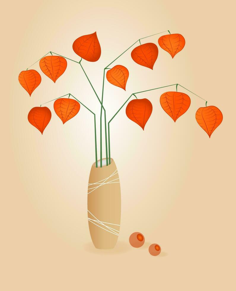 Hola otoño. bandera, póster, tarjeta. ramo de flores de otoño Physalis ramas en florero. vector