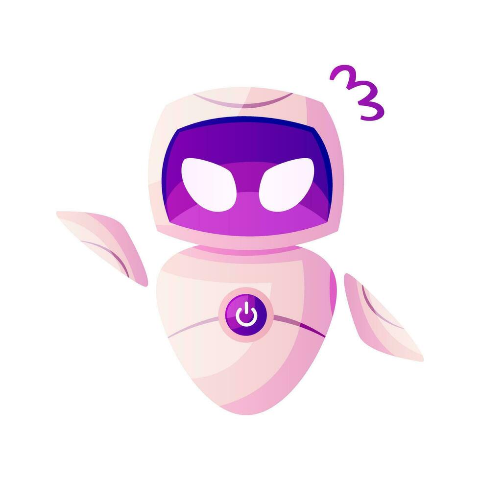 Futuristic little robot in angry pose. AI technology character, virtual bot. Artificial intelligence, smart machine concept. Modern cyber robot mascot. IT future robotics, chatbot. vector