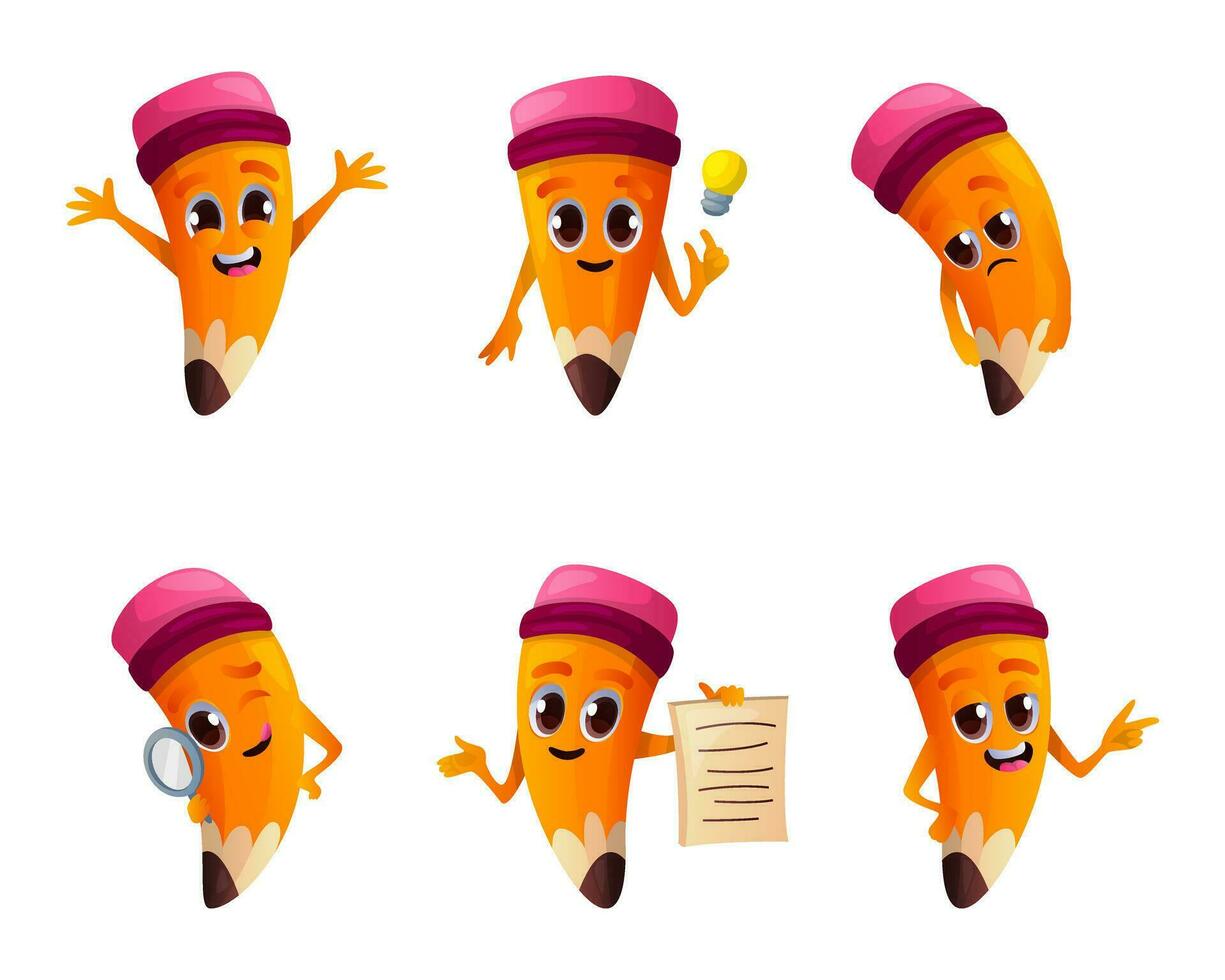 conjunto de linda lápiz personaje en diferente posa personajes con ojos, manos, expresión. colegio suministros, educación papelería mascota emoticono gracioso educativo cosas cara emojis espalda a colegio vector