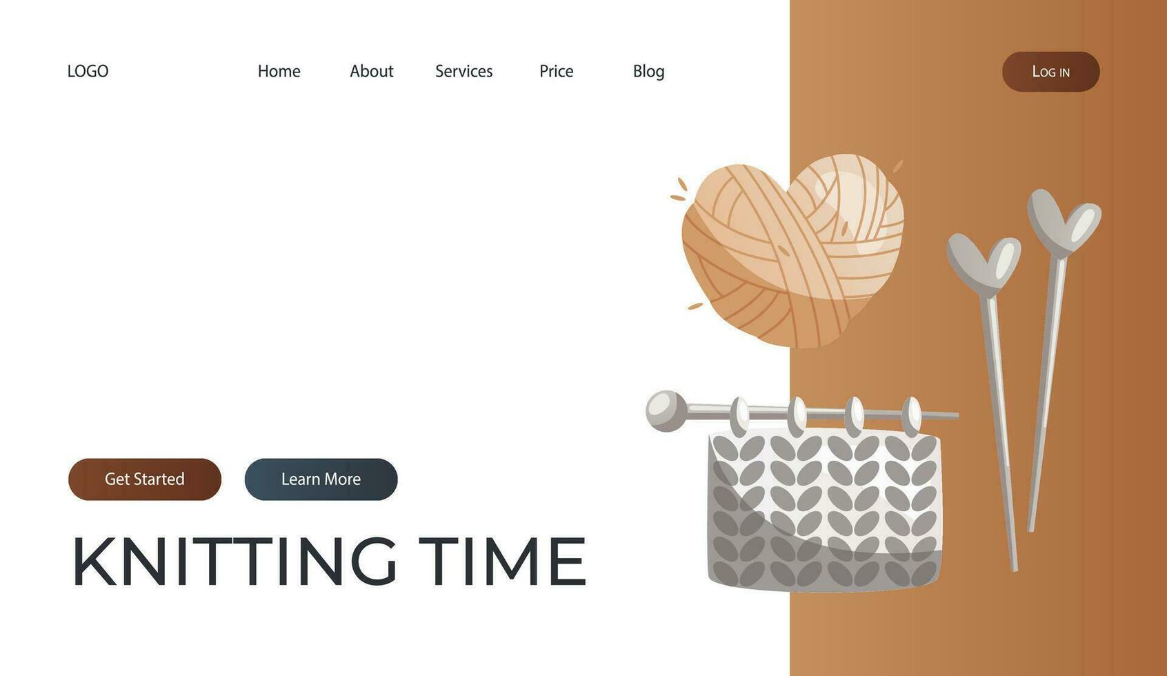 Landing page with lace circular needles, knitting item in progress. Skein of yarn. Tools, equipment for knitwork, handicraft. Handmade needlework, hobby. Knitting studio poster, banner, cover, card. vector