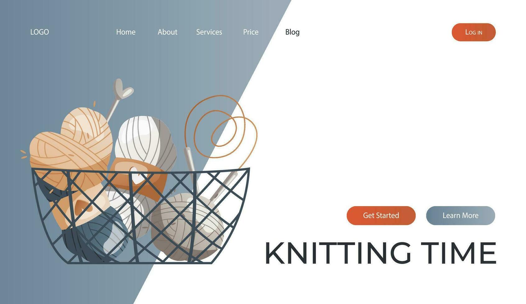 Landing page with Basket with wool balls, needles for knitting. Skein of yarn.Tools, equipment for knitwork, handicraft. Handmade needlework, hobby. Knitting studio poster, banner, cover, card. vector