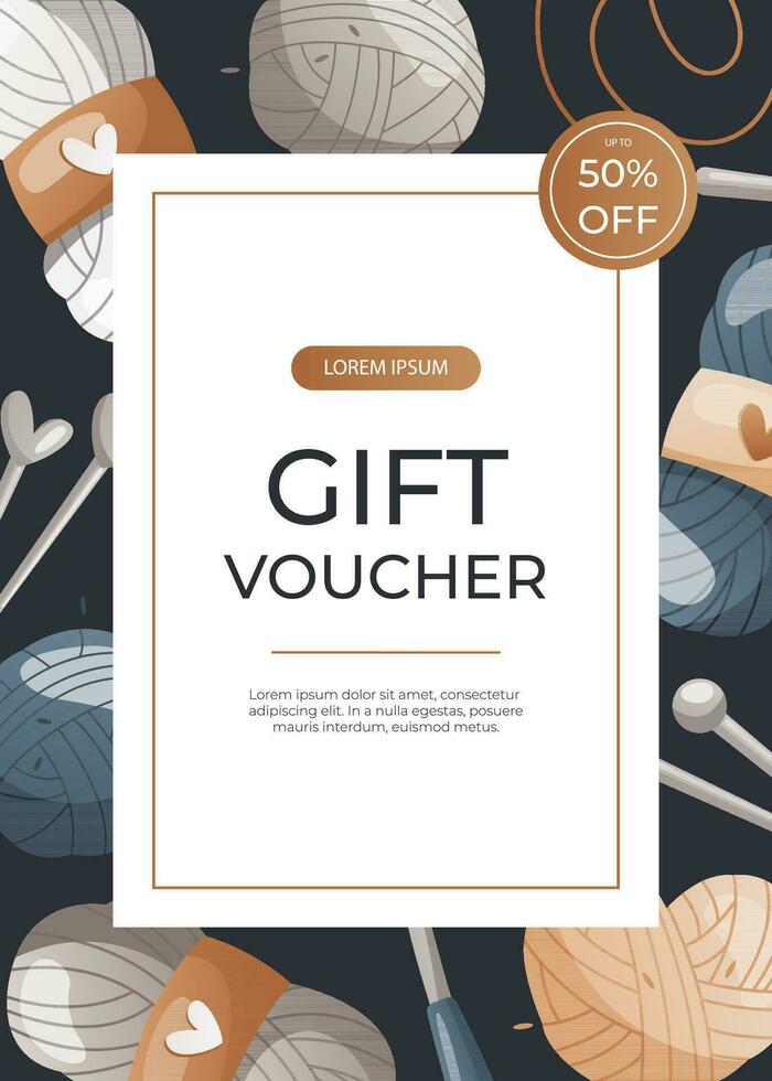 Promo gift voucher flyer with balls of wool, needles, crochet hook. Skein of yarn.Tools, equipment for knitwork, handicraft. Handmade needlework, hobby. Knitting studio A4 for poster, banner vector