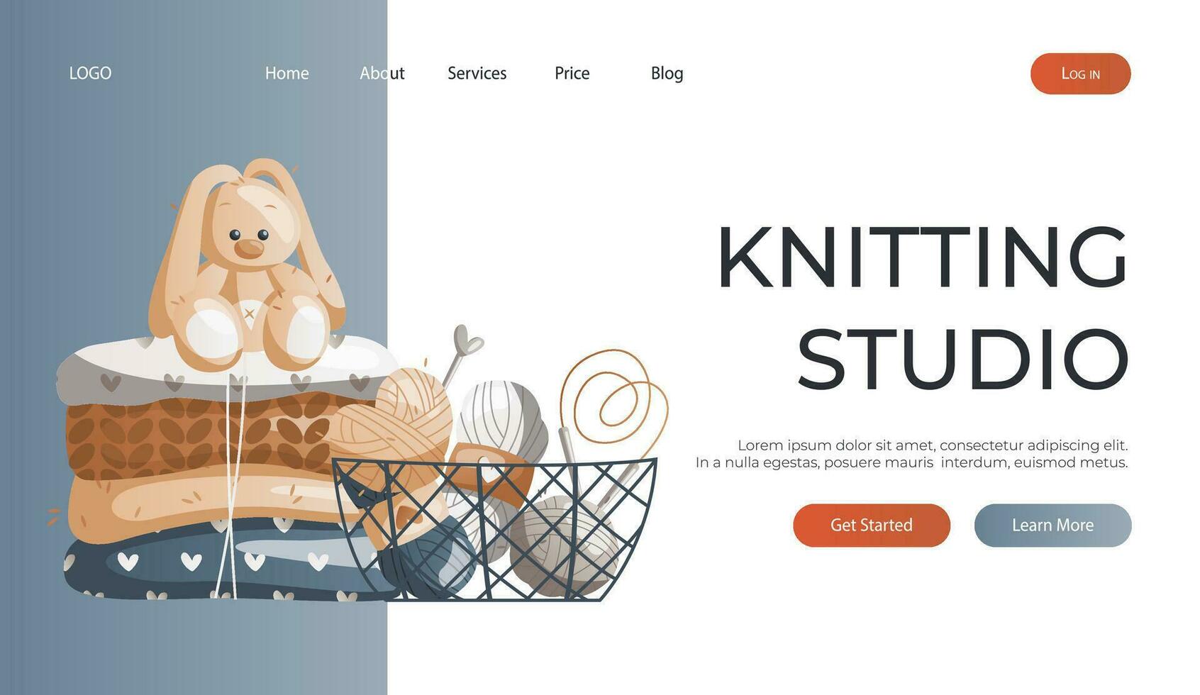 Landing page with knitted clothes, toy rabbit, basket with wool balls. Skein of yarn.Tools, equipment for knitwork, handicraft. Handmade needlework, hobby. Knitting studio poster, banner, cover, card. vector