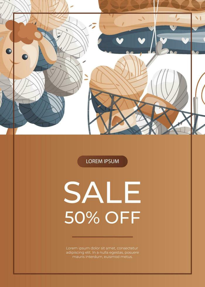 Promo sale flyer with with knitted clothes, toy sheep, basket with wool balls. Skein of yarn.Tools, equipment for knitwork, handicraft. Handmade needlework, hobby. Knitting studio A4 for poster vector