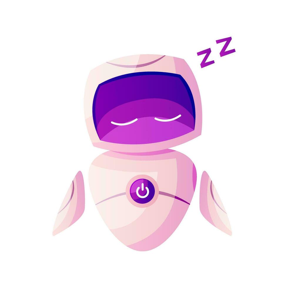 Futuristic little robot in sleeping pose. AI technology character, virtual bot. Artificial intelligence, smart machine concept. Modern cyber robot mascot. IT future robotics, chatbot. vector